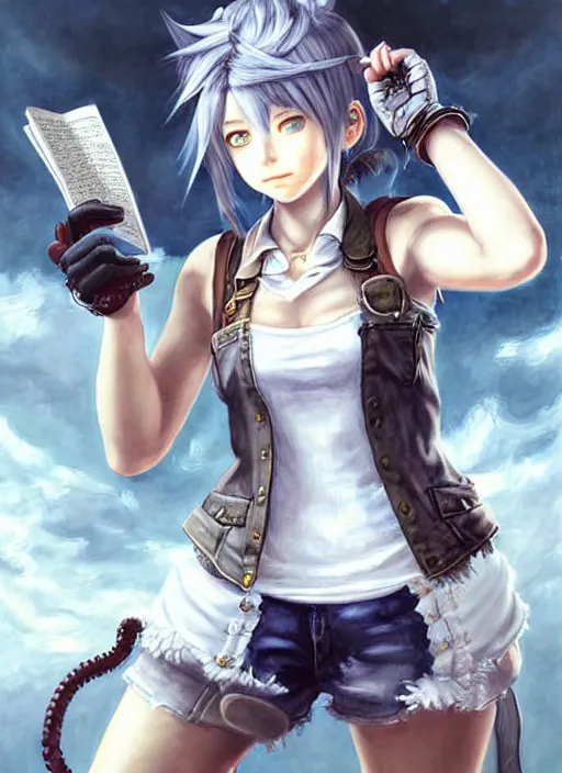 Image similar to a portrait of catgirl wearing white vest, and denim shorts an ultrafine detailed painting, detailed painting, detailed eyes!!, final fantasy octopath traveler lovecraft cosmc horror