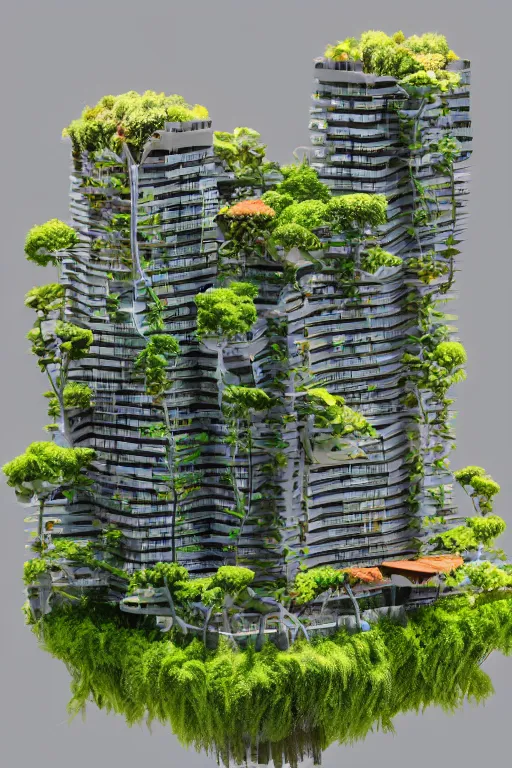 Image similar to 3 d printed physical model organic flowy including more than one city into one vertical building model that sits on a table in a room with a view back, multiple stories, transparent, with vegetation, colorful, wooden material, section cut, eye - level view, 8 0 k, octane render, highly detailed 3 d render,