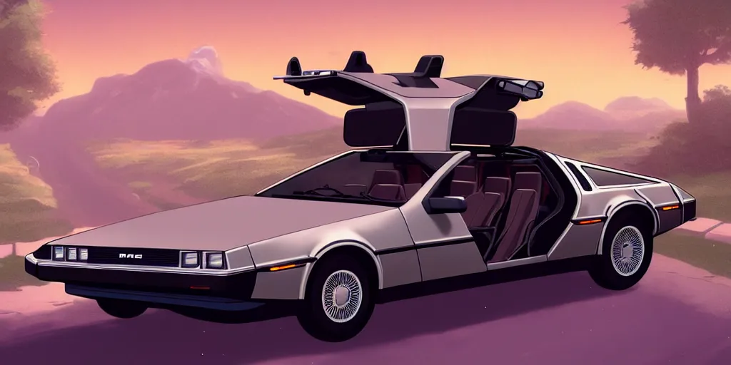 Prompt: Delorean car next to cabin full of details artwork by Michael Whelan and Tomer Hanuka, , by Makoto Shinkai and thomas kinkade, Matte painting, trending on artstation and unreal engine