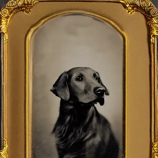 Image similar to victorian era formal portrait photograph of a golden retriever