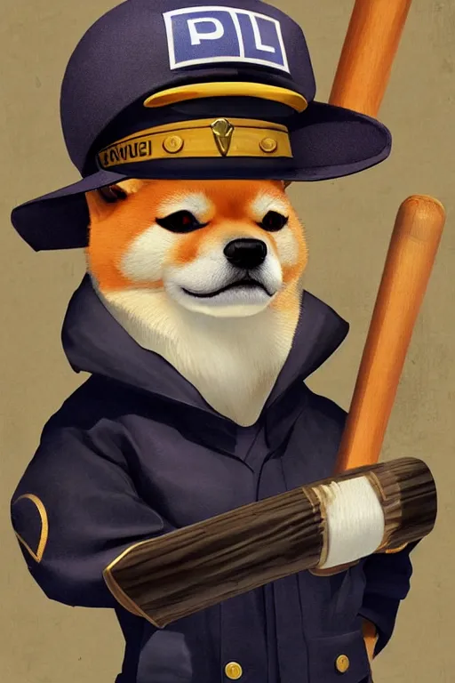 Prompt: shiba inu holding a baseball bat, wearing a police uniform on his bady, wearing a japanese traditional hat on his head, character design, highly detailed digital art, atmosphere, cinematic lightning, hyperrealistic, focused, extreme details, 4 k, ultra detailed, trending on artstation, masterpiece