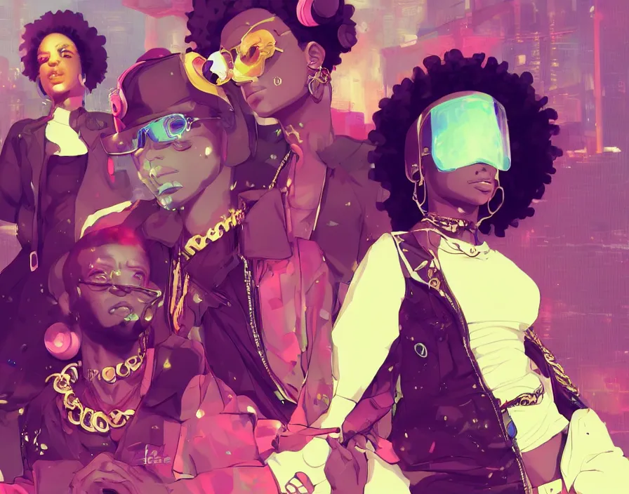 Image similar to afro - futuristic hip hop rappers, urban swagger, fashion and bling, hacking the multiverse of music and entertainment | hyperrealistic digital art | by makoto shinkai, ilya kuvshinov, lois van baarle, ross draws | afro - futurism, in the style of hair love, 4 k, trending on artstation | dark color scheme