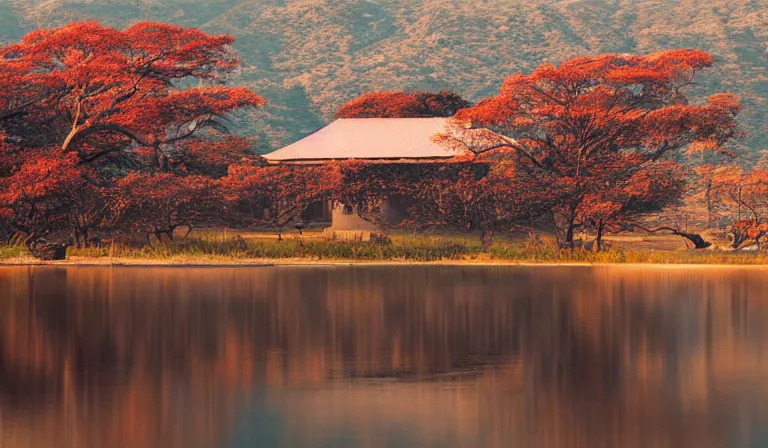 Prompt: A serene landscape with a singular building in the style of Red Komodo Zeiss 85mm