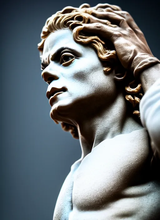 Image similar to michael jackson as marble statue by michaelangelo, high lights, 4 k, high detailed photography, 5 0 mm lens, depth of field, cinematic