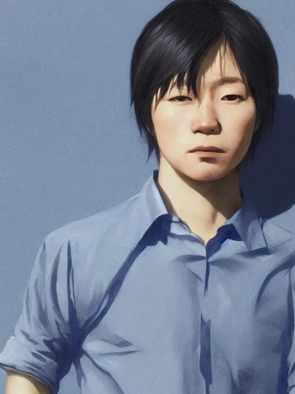 Image similar to photo of takahashi ryosuke wearing dark blue shirt, hyper detailed, digital art, trending in artstation, cinematic lighting, studio quality, smooth render, unreal engine 5 rendered, octane rendered, concept art, smooth, sharp focus, illustration, art by artgerm and greg rutkowski and alphonse mucha and wlop and krenz cushart