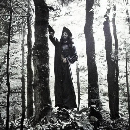 Prompt: wizard in forest, photo from the 70s