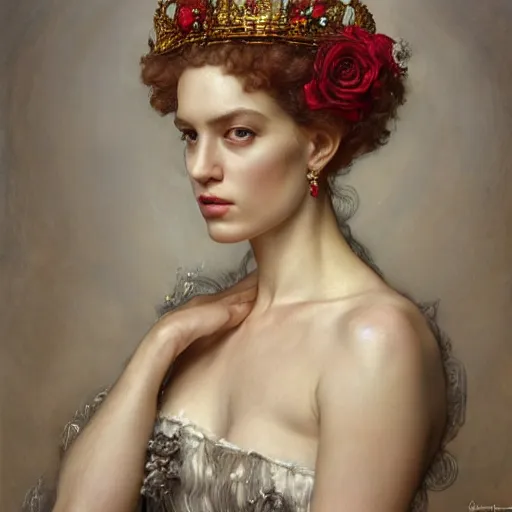 Image similar to highly detailed oil painting | very intricate | cinematic lighting | award - winning | portrait of the queen of roses dressed by alexander mcqueen | by roberto ferri, by tom bagshaw, by j. c. leyendecker and klimt, american romanticism, by austin osman spare, artstation, cgsociety, official art, octane