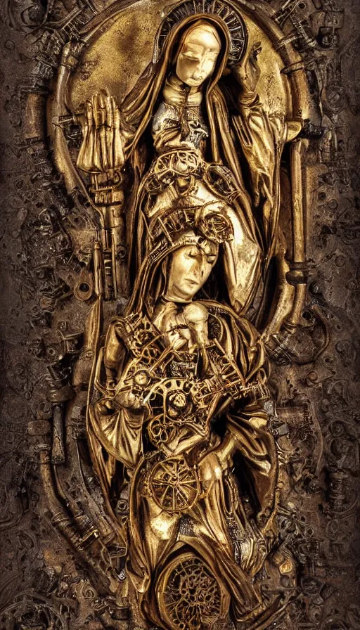 Image similar to steampunk virgin mary, religious imagery, rusty pipes and guages, backlit, intricate detail, high definition