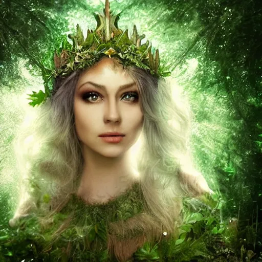 Image similar to heavenly beautiful elven queen with a leaf crown, hints of silver jewelry, overgrown, full body, forest background, elegant, intricate detail, dramatic lighting, mist, green aura,