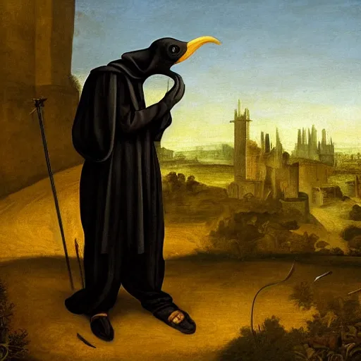 Prompt: a plague doctor picking herbs, golden ratio, morning light, renaissance painting, 8k