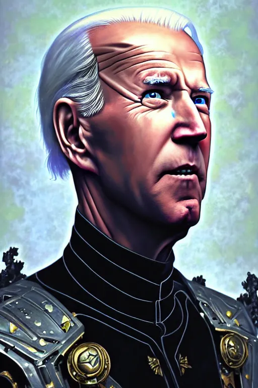 Image similar to portrait of joe biden goth cyborg with white hair in warhammer armor, art by kuvshinov ilya and wayne barlowe and gustav klimt and artgerm and wlop and william - adolphe bouguereau