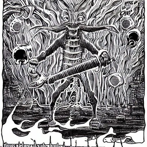 Image similar to Artwork by Junji Ito of The Chitine King Hian the Demigod, master of Ice, and their hateful haunting of steam mephits and horrifying balors, who plan to take revenge on the party for a perceived wrong done to them long ago.