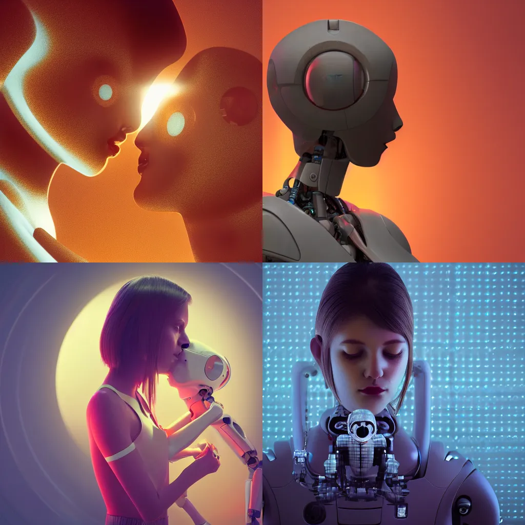 Prompt: human girl kissing a robot, closeup, back light, 70mm, by Dan mcpharlin, 8k render, cgsociety,