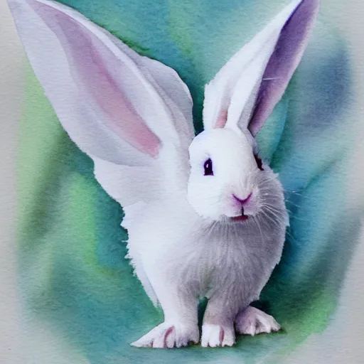 Image similar to a white rabbit with beautiful angelic white wings, smiling, watercolour realistic