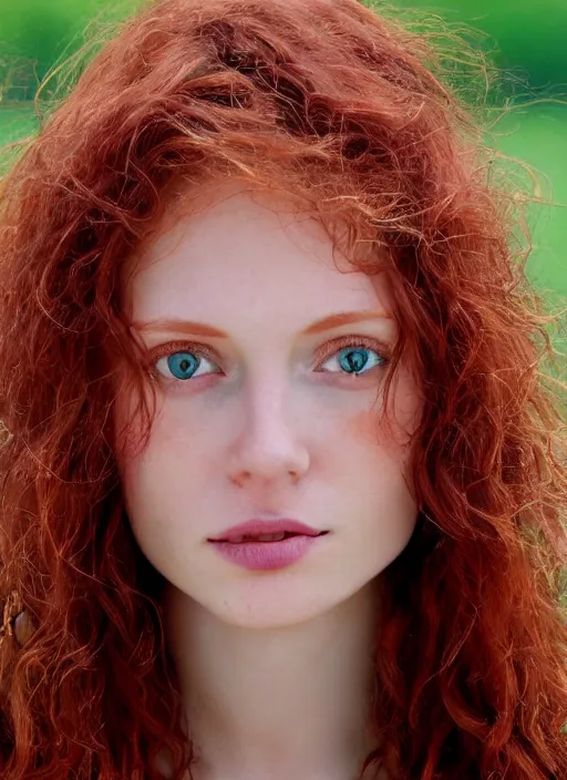 Image similar to close up portrait of a thin young redhead woman with russian descent, sunbathed skin, with deep blue eyes. wavy long maroon colored hair. she looks directly at the camera. slightly open mouth, face takes up half of the photo. a park visible in the background. intricate. detailed 8 k. art by luis royo.