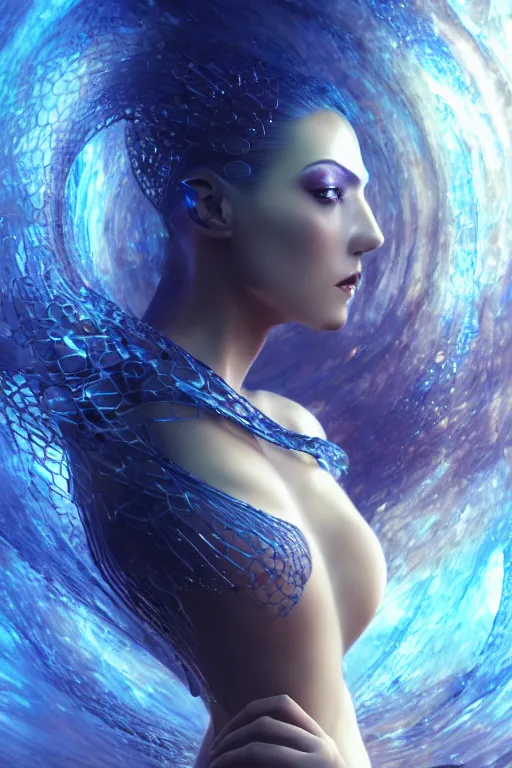 Prompt: a centered profile render of an alluring futuristic goddess with digital modifications surrounded by a underwater ink pour and flowing liquid gallium and complex sacred geometry, perfect body and face, powerful, cinematic, beautifully lit, by artgerm, by karol bak, 3 d, trending on artstation, octane render, 8 k