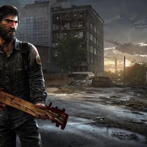 Image similar to Joel from the last of us looking down an apocalypse city