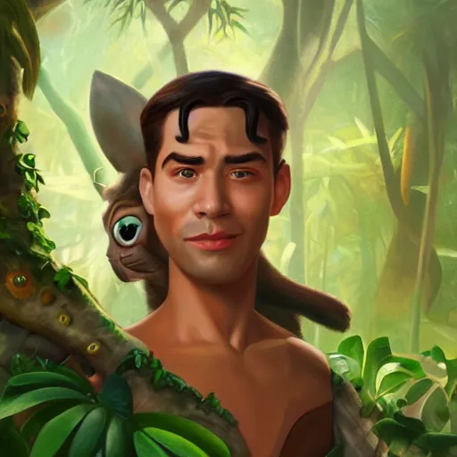 Image similar to a portrait of a hero in a disney jungle movie, oil painting, pale colors, high detail, 8 k, wide angle, trending on artstation,