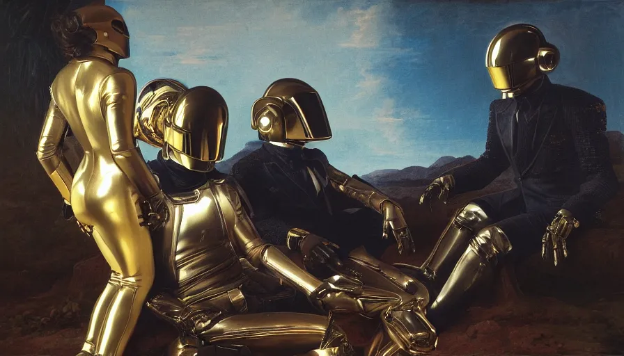 Prompt: daft punk album cover in the style of alexandre cabanel, renaissance, intricate detail, high resolution, moody