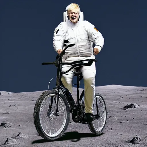 Prompt: Boris Johnson riding a bike on the moon