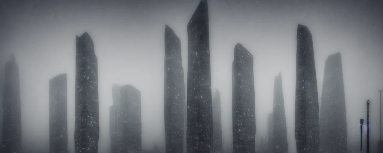 Prompt: a photograph of tall skyscrapers stand isolated like neolithic standing stones, thousands of tiny bright lights shine in the buildings, roads, backlit, by sarah moon and joel peter witkin, grainy, snow, highly detailed, gloomy and foggy atmosphere, octane render, cinematic lighting tri - x, 8 k, hd
