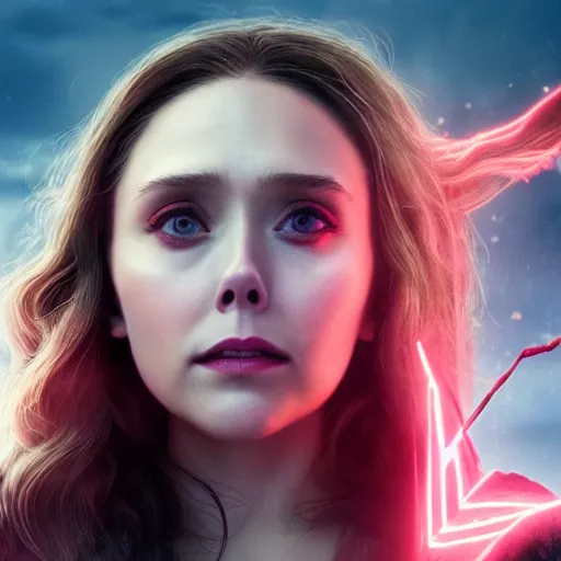 prompthunt: elizabeth olsen as the scarlet witch afloat in the air with red  eyes, red magic surrounds her, trending on artstation, 8 k quality,  cgsociety contest winner, artstation hd, artstation hq, luminous