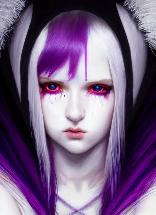 Image similar to whitebangs, black hair, black cyberlox, portrait of white teenage girl, normal face, white bangs, fluffy bangs, cyberlox, whitebangs, red contact lenses, purple background, intricate, elegant, highly detailed, digital painting, artstation, concept art, sharp focus, smooth, illustration, art by wlop, mars ravelo and greg rutkowski