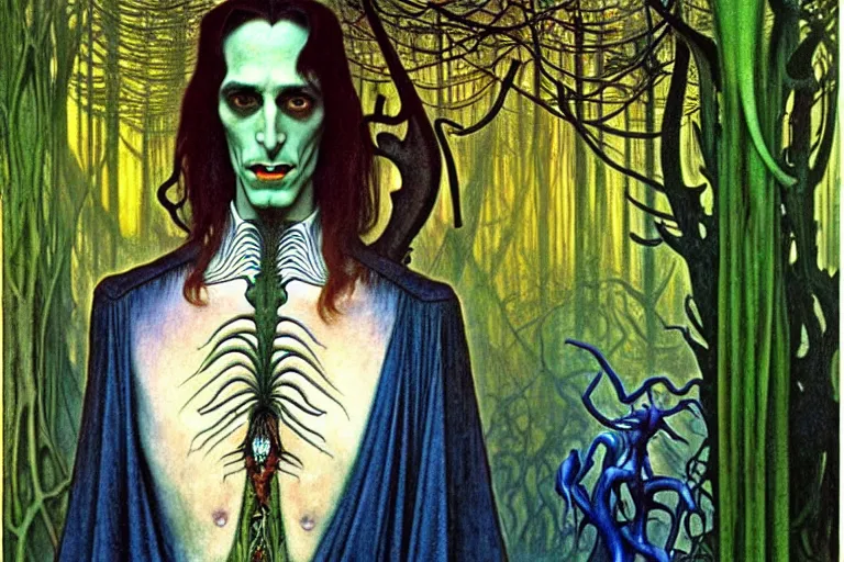 Image similar to realistic extremely detailed portrait painting of an elegantly creepy vampire man dressed as dracula, futuristic sci-fi forest on background by Jean Delville, Amano, Yves Tanguy, Alphonse Mucha, Ernst Haeckel, Edward Robert Hughes, Roger Dean, rich moody colours, blue eyes