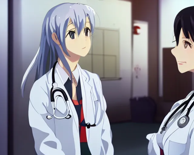 Prompt: a cute young female doctor wearing white coat are talking to a women in red shirt in a hospital, silver hair, slice of life anime, lighting, anime scenery by Makoto shinkai