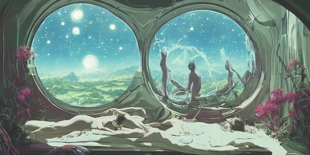 Image similar to illustrated figures relaxing in 90s interior with organic circular windows, natural starlight, bright colors, romantic greenery, flowers, cinematic, cyberpunk, smooth, chrome, lofi, nebula, calming, dramatic, fantasy, by Moebius, by zdzisław beksiński, fantasy LUT, studio ghibli, high contrast, epic composition, sci-fi, dreamlike, surreal, angelic, 8k, unreal engine, hyper realistic, fantasy concept art,