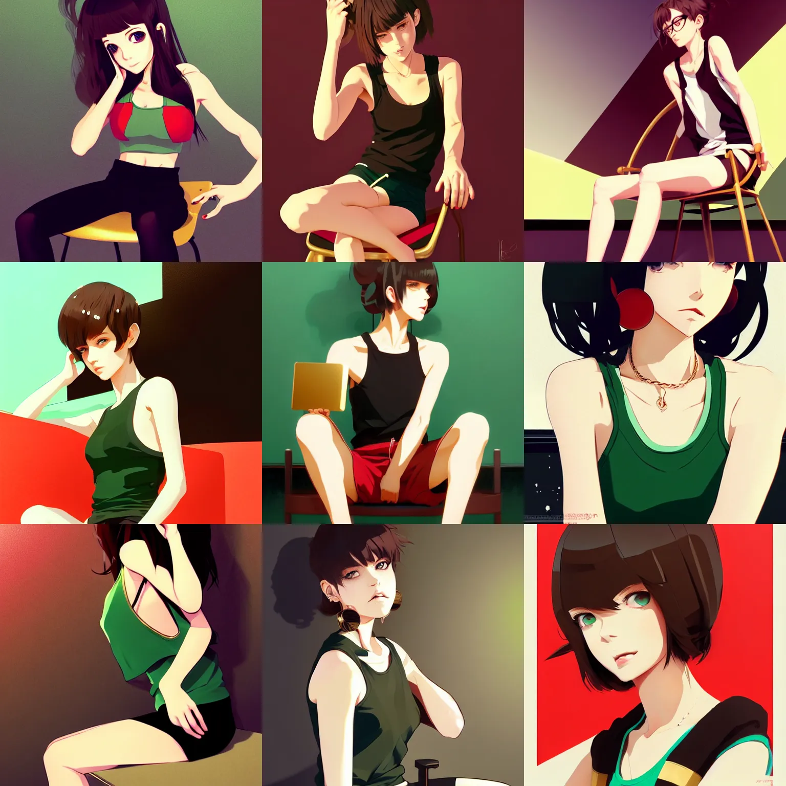 Prompt: sexy girl with brown hair and green eyes, wearing a white tanktop and black shorts and golden earrings, sitting in a chair, red and black color palette, in the style of and ilya kuvshinov and greg rutkowski, high quality anime artstyle, intricate