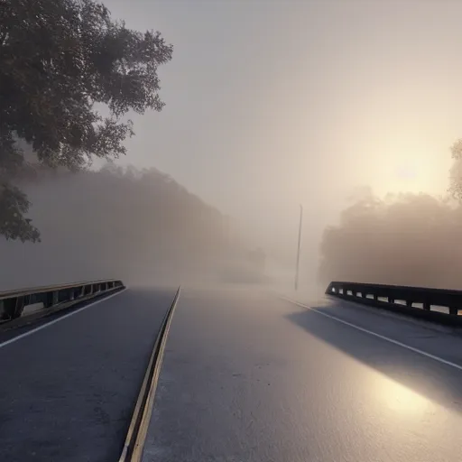 Image similar to still shot of a bridge covered in morning fog, highly detailed, photorealistic portrait, bright studio setting, studio lighting, crisp quality and light reflections, unreal engine 5 quality render