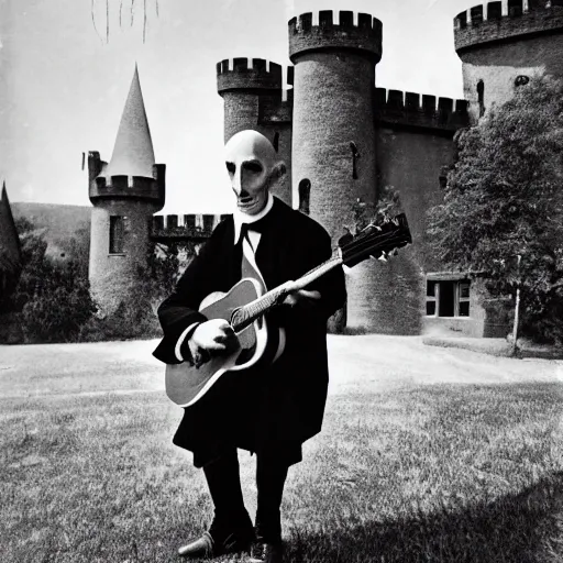 Image similar to vintage photograph of count orlok outside his castle, playing the blues on guitar, castle in the background, 4 k