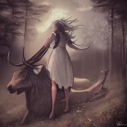 Image similar to girl in a dress riding a giant elk, trending on art station