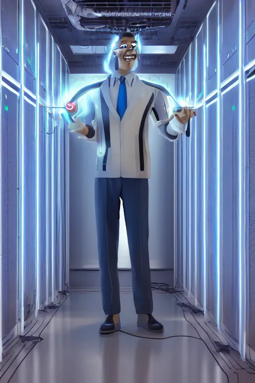 Prompt: futuristic scientist is holding a folder, he is in shock, dark building of server room, neon light, the folder glows and lights up his face, professional lighting, 3 d digital modeling, movie scene, concept art, detailed art,