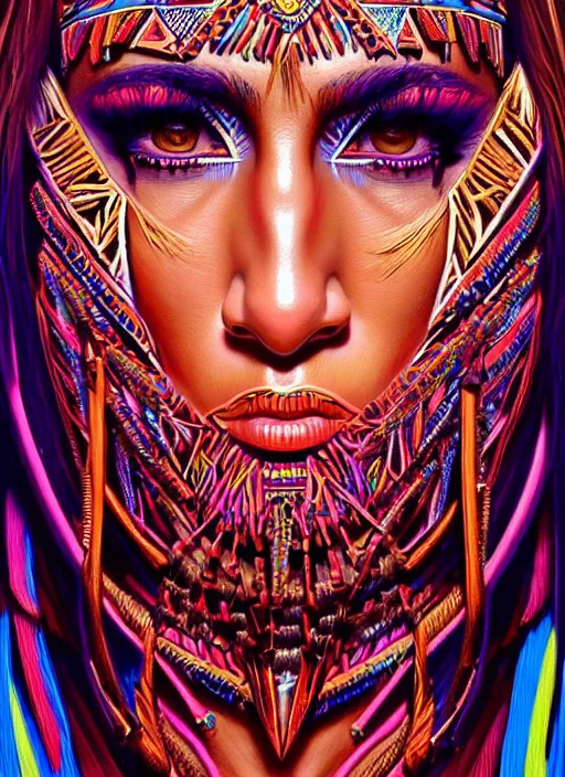 Image similar to portrait of jennifer lopez, hyper detailed ultra sharp aztec shaman warrior. trending on artstation, warpaint aesthetic, bloodwave, colorful, psychedelic, ornate, intricate, digital painting, concept art, smooth, sharp focus, illustration, art by artgerm and greg rutkowski and h. r. giger, 8 k