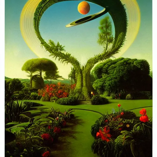 Image similar to a garden in orbit around saturn, 8 k, lowbrow, in the style of martin johnson heade, roger dean and h. r. giger,