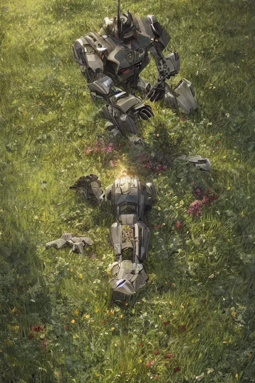 Prompt: a portrait of a giant robot laying broken in the meadow covered in plants by greg rutkowski, sung choi, mitchell mohrhauser, maciej kuciara, johnson ting, maxim verehin, peter konig, bloodborne, 8 k photorealistic, cinematic lighting, hd, high details, dramatic, dark atmosphere, trending on artstation