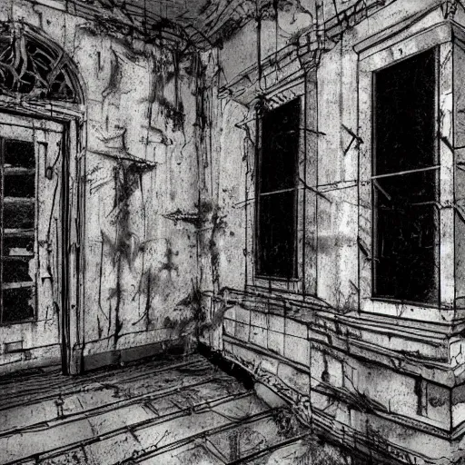 Image similar to an old abandoned mansion, death note artstyle