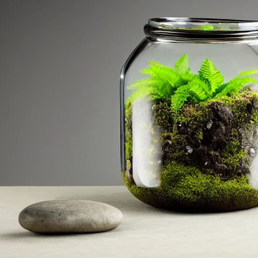 Prompt: a terrarium jar with fittonia plant, fern plant, moss and stone in a tropical atmosphere, mist