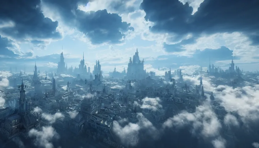 Image similar to Angelic Floating City in the Clouds, Hyperrealistic, Intricate Details, Raytracing, Volumetric Lighting, Lightshafts, Blue and White Color Palette, Unreal Engine 5, Photorealism