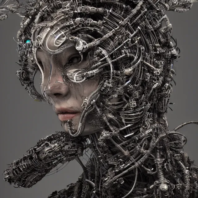 Image similar to timeless cybernetic deity with circuitry skin and networked mind tripping on acid, intricate detail, royo, whealan, giger, klimt, hd, octane render, unreal engine,