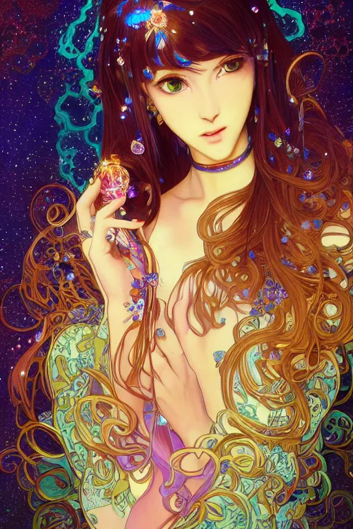 Image similar to psychedelic, intricate, highly detailed, anime, 4k, beautiful seductive woman holding a crystal containing the universe, with professional makeup, long trippy hair, surrounded by gems, underneath the stars, trending on patreon, deviantart, twitter, artstation, volumetric lighting, heavy contrast, by artgerm and Ilya Kuvshinov and alphonse mucha