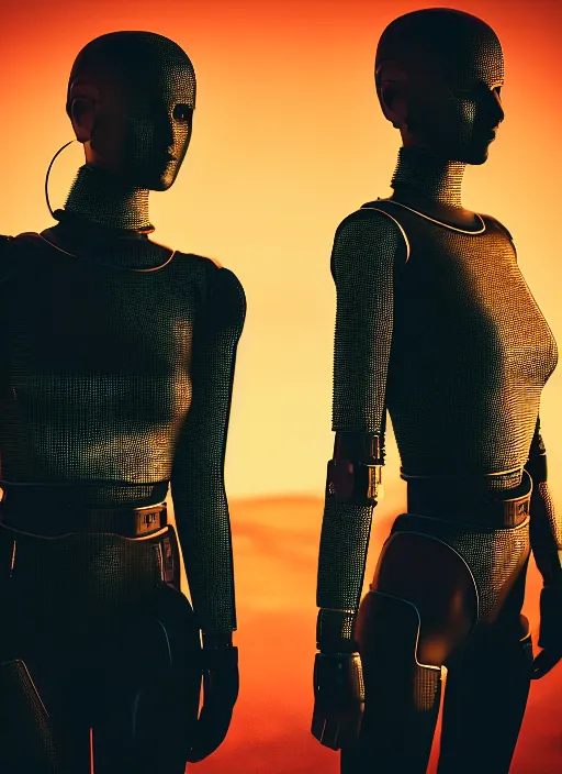 Prompt: cinestill 5 0 d photographic portrait of two loving female androids wearing rugged black mesh techwear on a desolate plain with a red sky, cutout waist, extreme closeup, modern cyberpunk, dust storm, 8 k, hd, high resolution, 3 5 mm, f / 3 2, ultra realistic faces, ex machina, blade runner