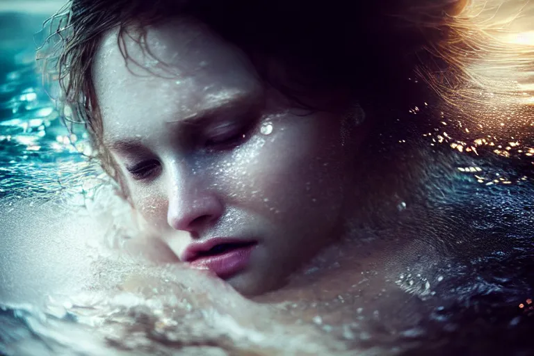 Image similar to an ultra realistic, cinematic, fantasy, portrait, of a beautiful woman, face in water, dramatic, soft light, dreamy, facial features, in the ocean, detailed, deep focus, movie still, dramatic lighting, ray tracing, by michal karcz and yoshitaka amano