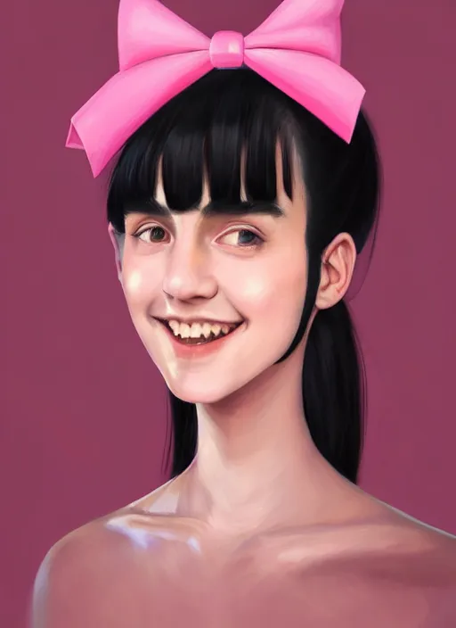 Image similar to portrait of high school girl, realistic, black hair, bangs, half updo hairstyle, pointy nose, skinny, smile, ugly, defined jawline, big chin, pink hair bow, earrings, intricate, elegant, glowing lights, highly detailed, digital painting, artstation, sharp focus, illustration, art by wlop, mars ravelo and greg rutkowski