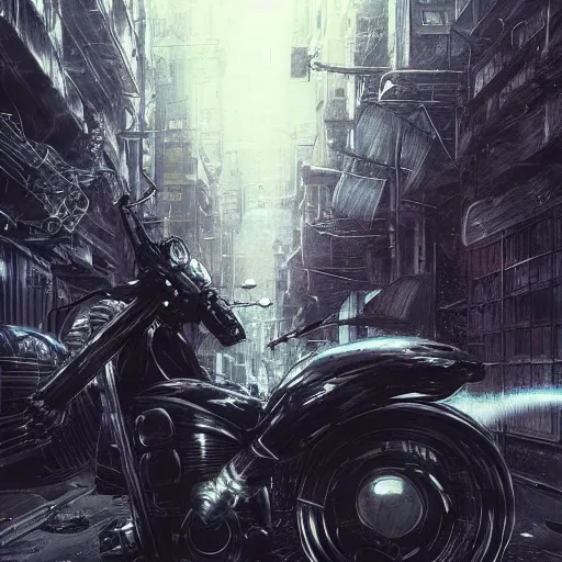 Prompt: Katsuhiro otomos akira, Dark cityscapes and futuristic motorcycles, Manga and anime, sinister by Greg Rutkowski