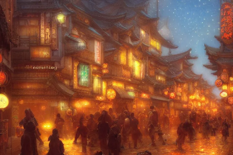 Prompt: fantasy art of glowing goldfish swimming in the air, in the streets of a japanese town at night, with people watching in wonder, by gaston bussiere, highly detailed digital art, trending on artstation