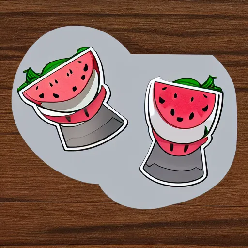 Image similar to hand holding cartoon diecut sticker of cute kawaii watermellon slice with white border and light gray background