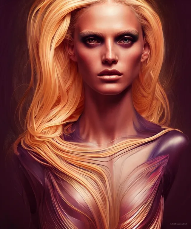 Prompt: Supermodel woman turning into an Android portrait, dark surrealism , scifi, intricate, elegant, sharp eyebrows, ornate long flowing blonde hair, highly detailed cybernetic body, neon glowing eyes, digital painting, artstation, concept art, smooth, sharp focus, illustration, art by artgerm and moebius and alphonse mucha